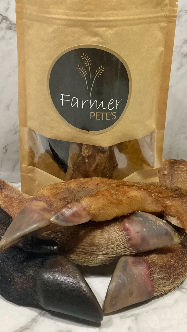 Dehydrated pork trotter halves by Farmer Pete's.