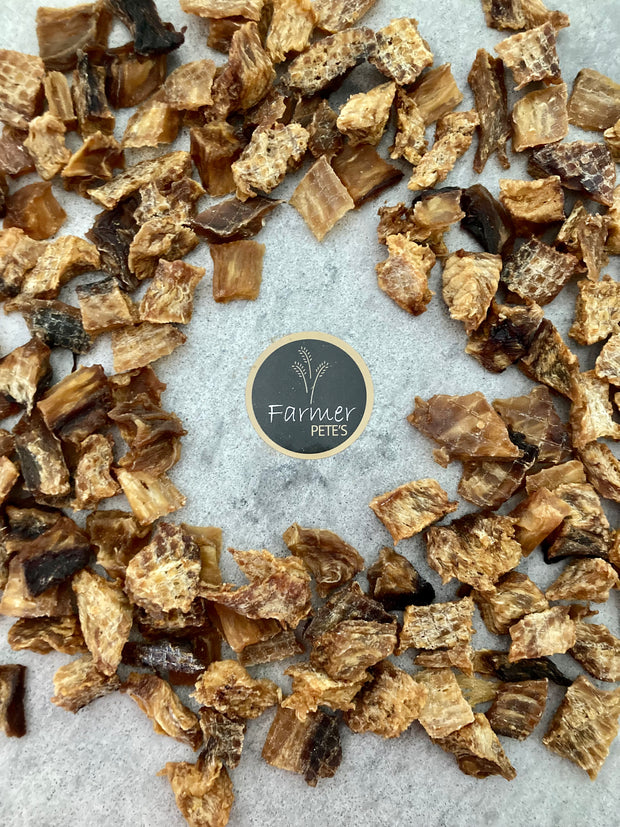 100% natural dehydrated fish bites for pets by Farmer Pete's.